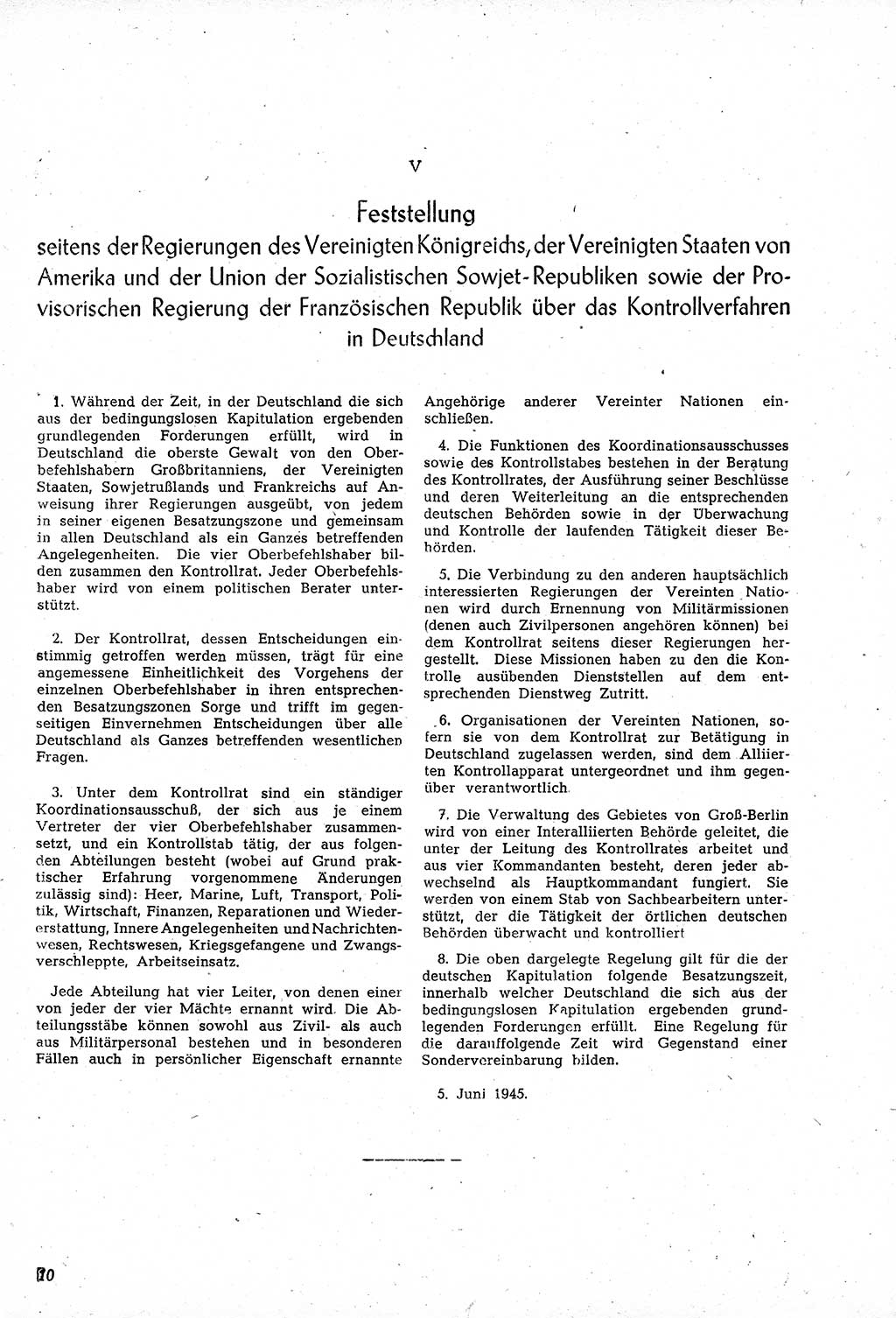 Amtsblatt des Kontrollrats (ABlKR) in Deutschland, Ergänzungsblatt Nr. 1, Sammlung von Urkunden betreffend die Errichtung der Alliierten Kontrollbehörde 1945, Seite 10 (ABlKR Dtl., Erg. Bl. 1 1945, S. 10)