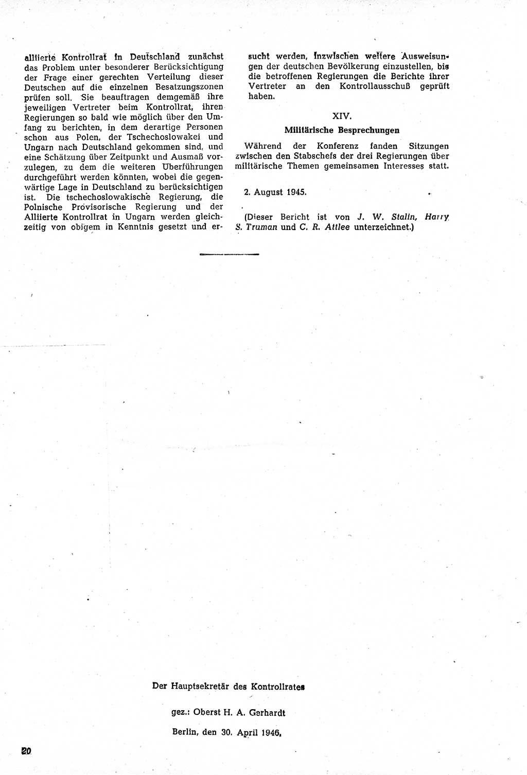 Amtsblatt des Kontrollrats (ABlKR) in Deutschland, Ergänzungsblatt Nr. 1, Sammlung von Urkunden betreffend die Errichtung der Alliierten Kontrollbehörde 1945, Seite 20 (ABlKR Dtl., Erg. Bl. 1 1945, S. 20)