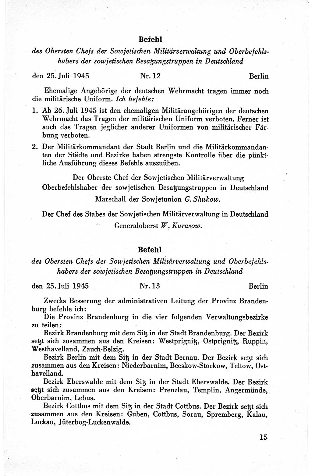 Befehle des Obersten Chefs der Sowjetischen Miltärverwaltung (SMV) in Deutschland - Aus dem Stab der Sowjetischen Militärverwaltung in Deutschland 1945, Seite 15 (Bef. SMV Dtl. 1945, S. 15)