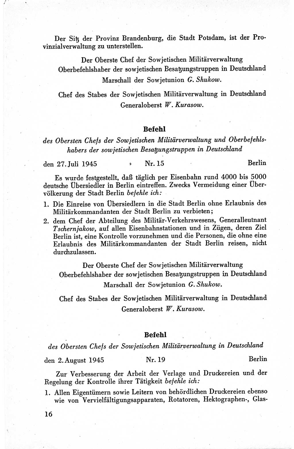 Befehle des Obersten Chefs der Sowjetischen Miltärverwaltung (SMV) in Deutschland - Aus dem Stab der Sowjetischen Militärverwaltung in Deutschland 1945, Seite 16 (Bef. SMV Dtl. 1945, S. 16)