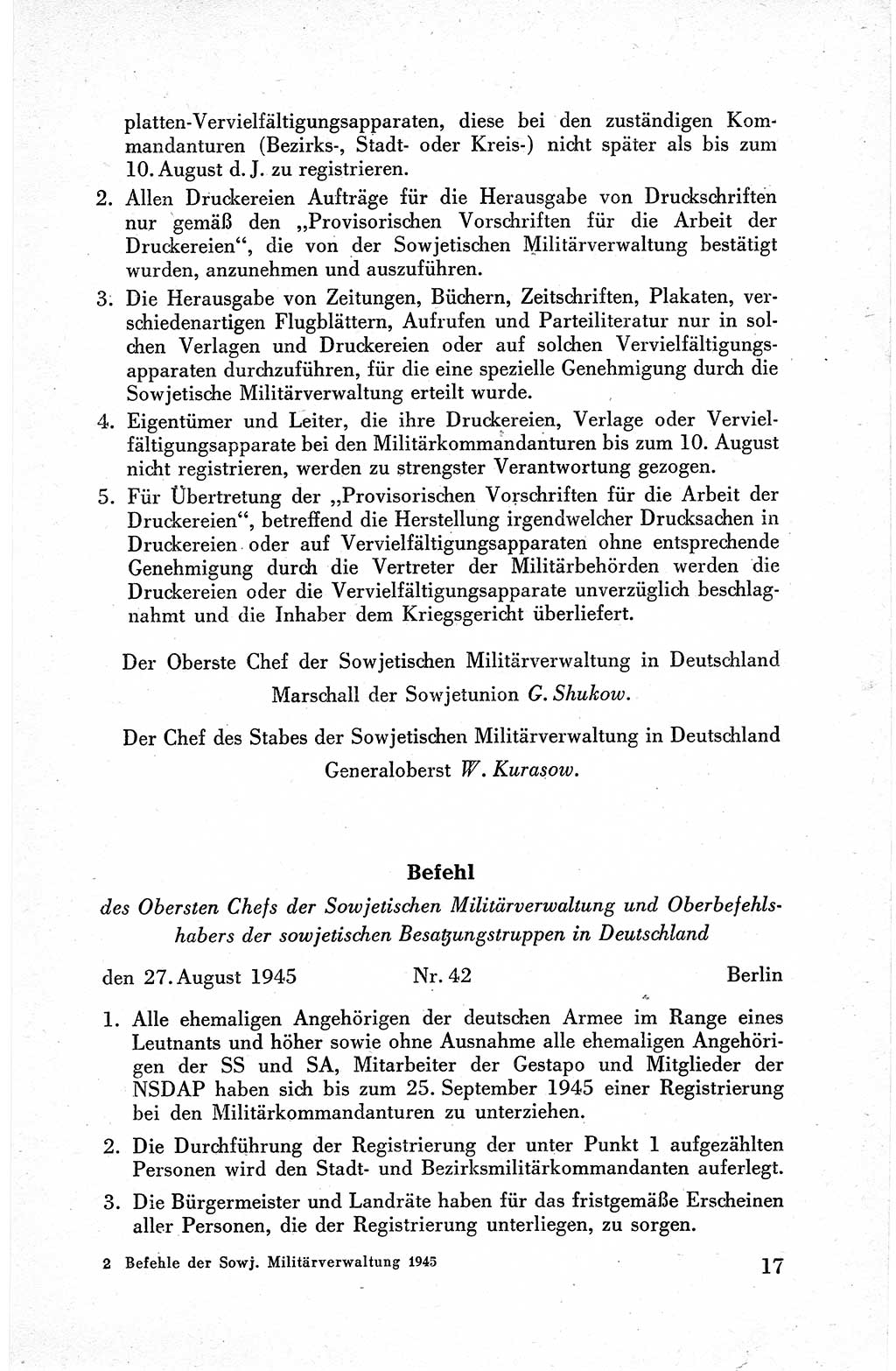 Befehle des Obersten Chefs der Sowjetischen Miltärverwaltung (SMV) in Deutschland - Aus dem Stab der Sowjetischen Militärverwaltung in Deutschland 1945, Seite 17 (Bef. SMV Dtl. 1945, S. 17)