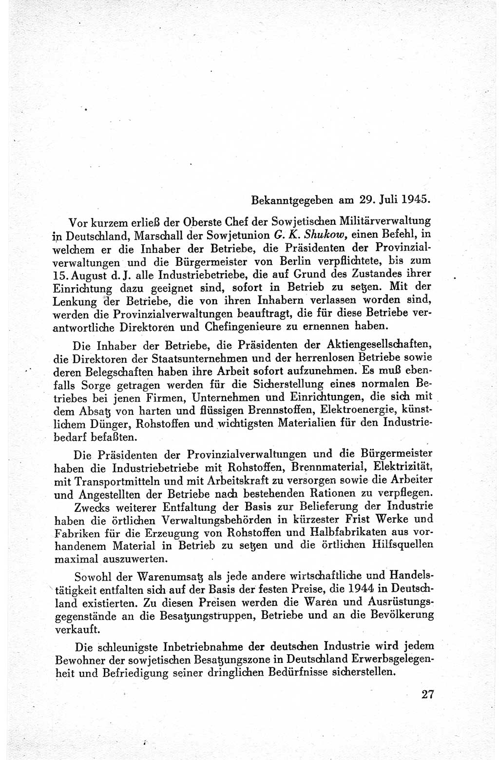 Befehle des Obersten Chefs der Sowjetischen Miltärverwaltung (SMV) in Deutschland - Aus dem Stab der Sowjetischen Militärverwaltung in Deutschland 1945, Seite 27 (Bef. SMV Dtl. 1945, S. 27)