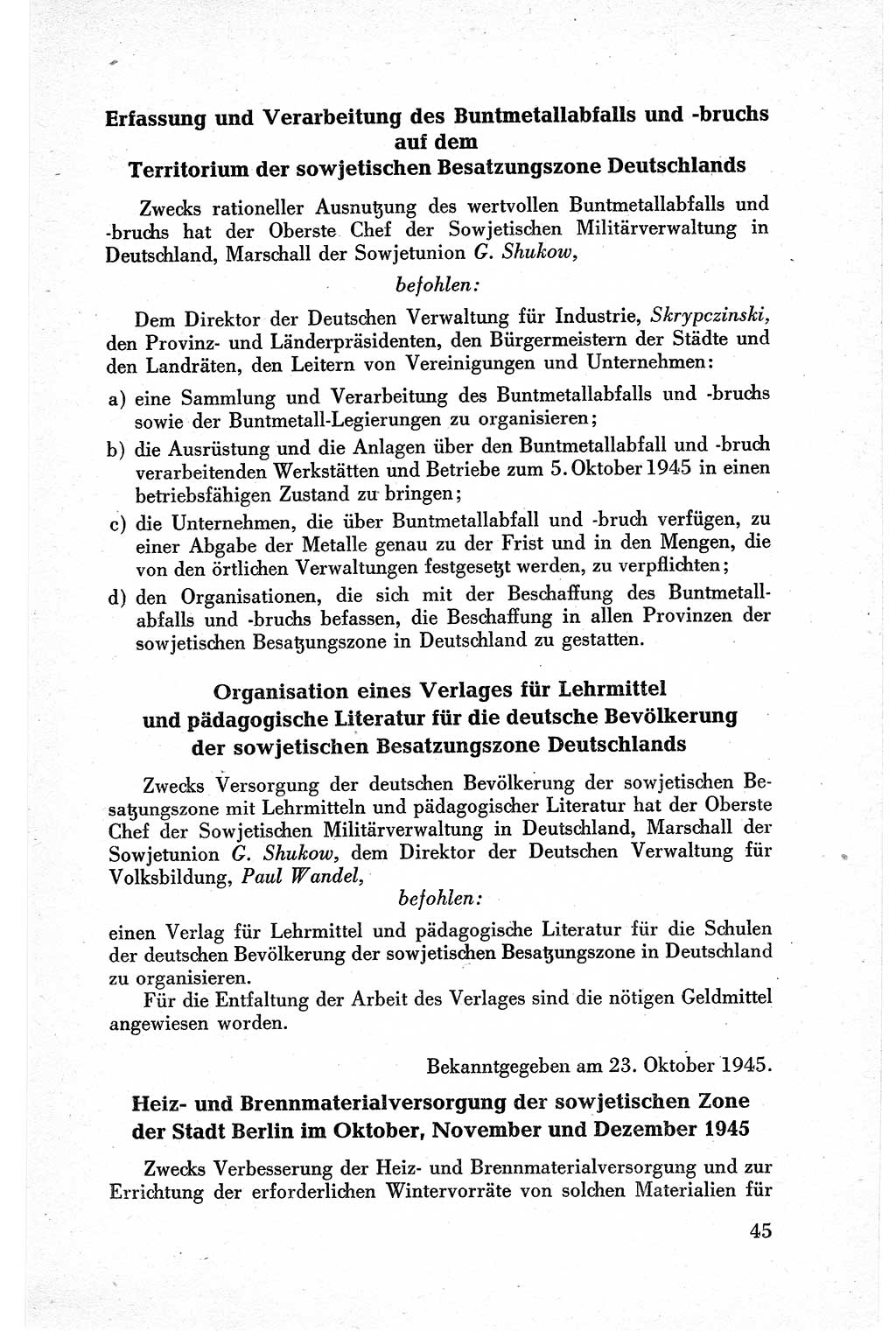 Befehle des Obersten Chefs der Sowjetischen Miltärverwaltung (SMV) in Deutschland - Aus dem Stab der Sowjetischen Militärverwaltung in Deutschland 1945, Seite 45 (Bef. SMV Dtl. 1945, S. 45)