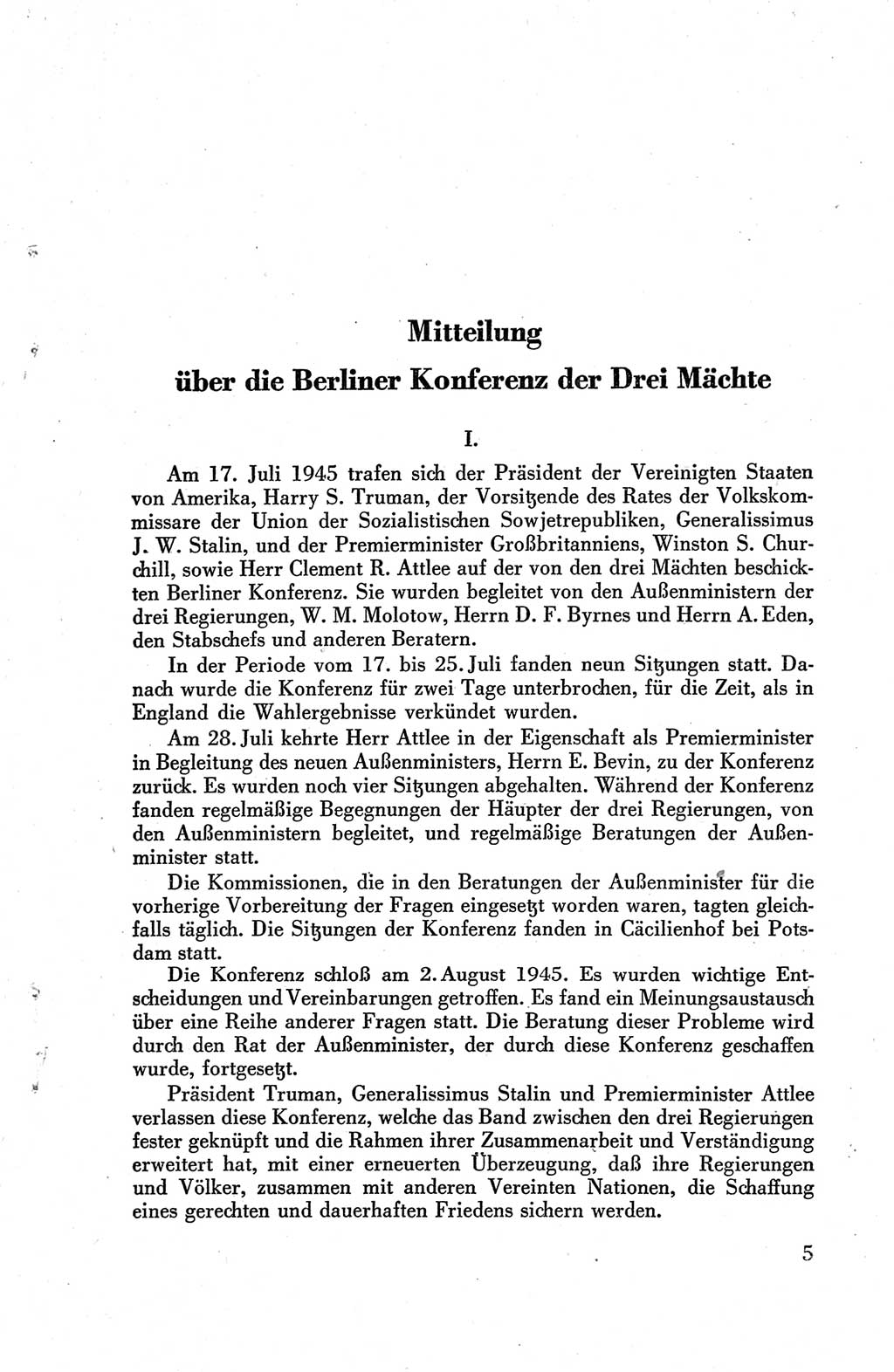 Die Berliner Konferenz der Drei Mächte - Der Alliierte Kontrollrat für Deutschland - Die Alliierte Kommandantur der Stadt Berlin, Kommuniqués, Deklarationen, Proklamationen, Gesetze, Befehle, Sammelheft 1 1945, Seite 5 (AKR Dtl., All. Kdtr. Bln., 1945, S. 5)