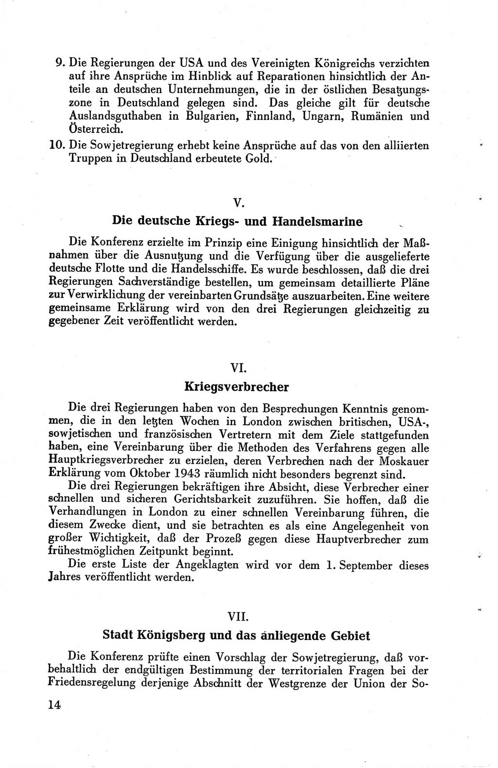 Die Berliner Konferenz der Drei Mächte - Der Alliierte Kontrollrat für Deutschland - Die Alliierte Kommandantur der Stadt Berlin, Kommuniqués, Deklarationen, Proklamationen, Gesetze, Befehle, Sammelheft 1 1945, Seite 14 (AKR Dtl., All. Kdtr. Bln., 1945, S. 14)