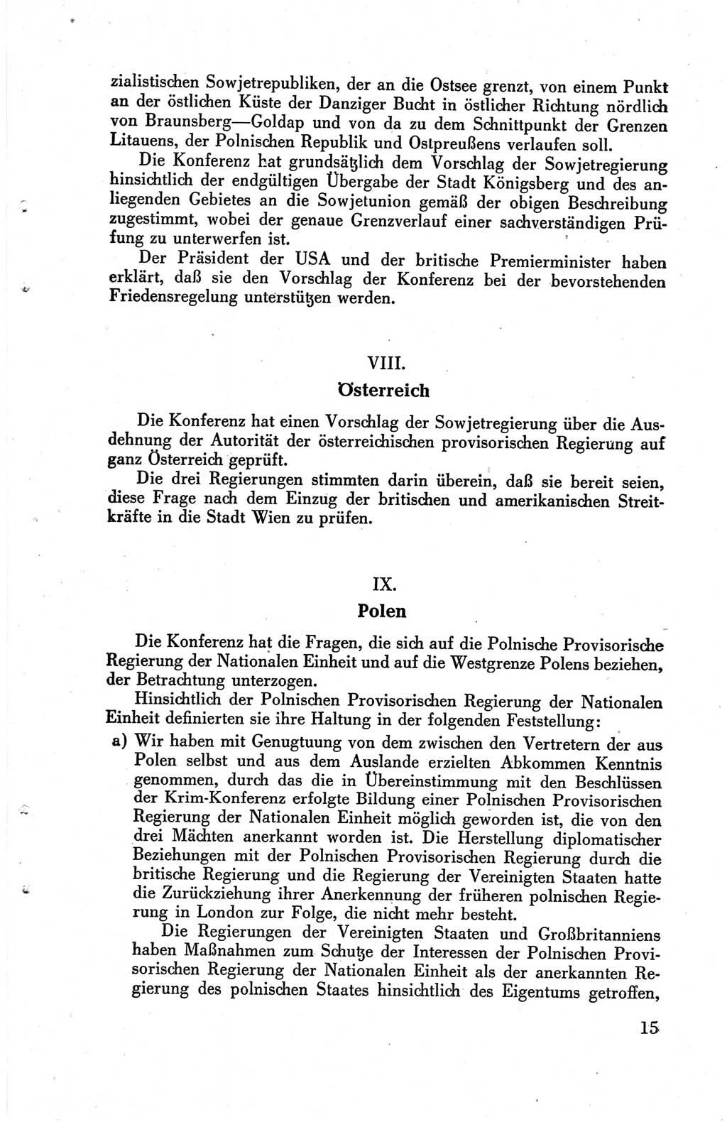 Die Berliner Konferenz der Drei Mächte - Der Alliierte Kontrollrat für Deutschland - Die Alliierte Kommandantur der Stadt Berlin, Kommuniqués, Deklarationen, Proklamationen, Gesetze, Befehle, Sammelheft 1 1945, Seite 15 (AKR Dtl., All. Kdtr. Bln., 1945, S. 15)
