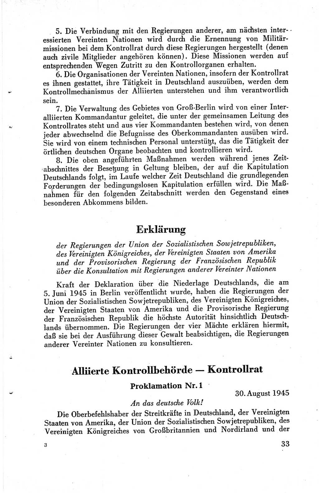 Die Berliner Konferenz der Drei Mächte - Der Alliierte Kontrollrat für Deutschland - Die Alliierte Kommandantur der Stadt Berlin, Kommuniqués, Deklarationen, Proklamationen, Gesetze, Befehle, Sammelheft 1 1945, Seite 33 (AKR Dtl., All. Kdtr. Bln., 1945, S. 33)