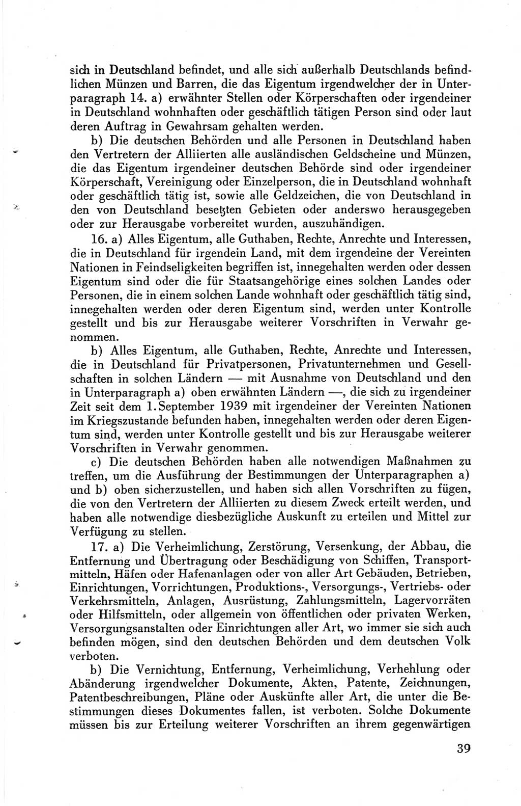 Die Berliner Konferenz der Drei Mächte - Der Alliierte Kontrollrat für Deutschland - Die Alliierte Kommandantur der Stadt Berlin, Kommuniqués, Deklarationen, Proklamationen, Gesetze, Befehle, Sammelheft 1 1945, Seite 39 (AKR Dtl., All. Kdtr. Bln., 1945, S. 39)