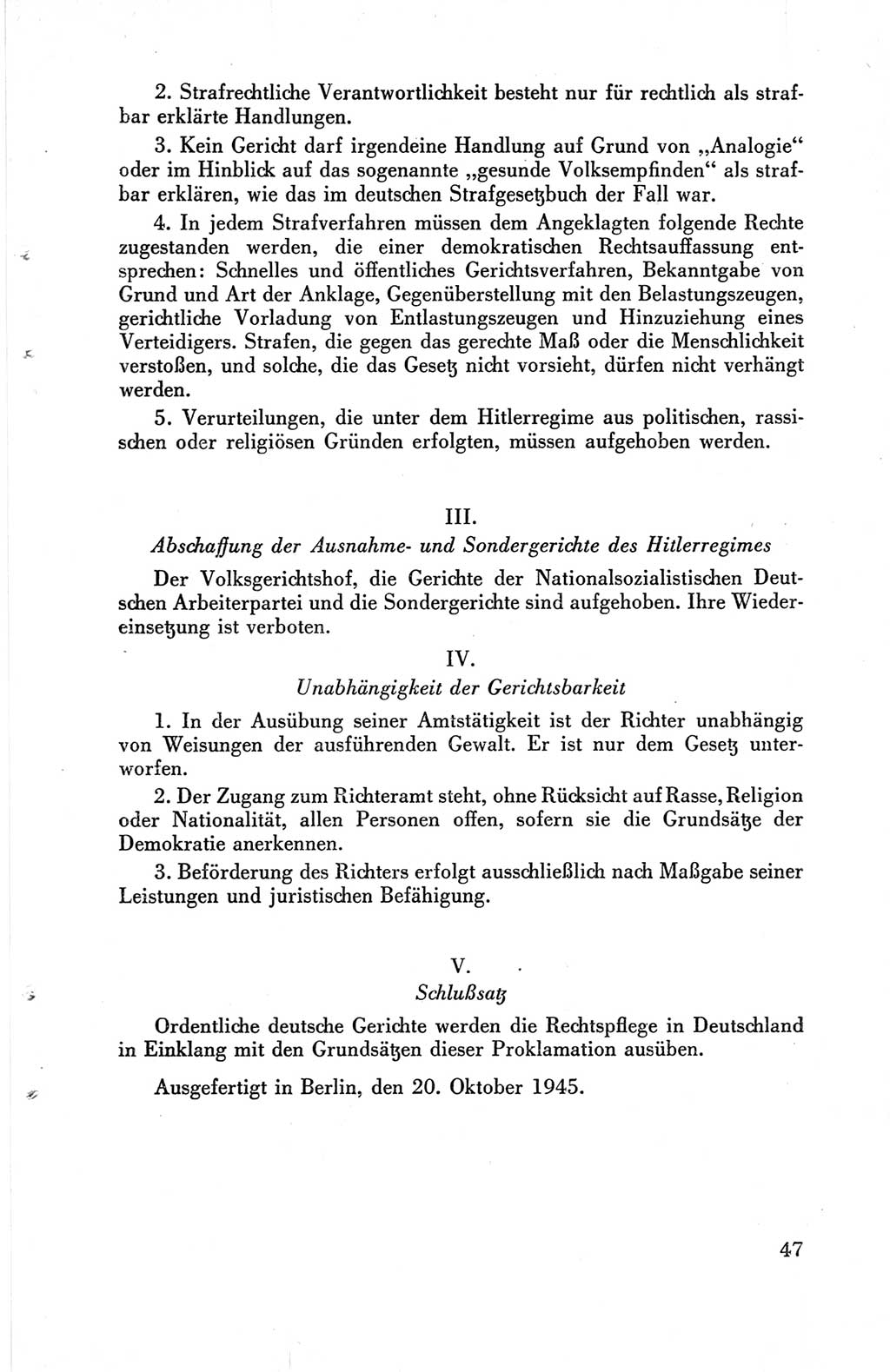 Die Berliner Konferenz der Drei Mächte - Der Alliierte Kontrollrat für Deutschland - Die Alliierte Kommandantur der Stadt Berlin, Kommuniqués, Deklarationen, Proklamationen, Gesetze, Befehle, Sammelheft 1 1945, Seite 47 (AKR Dtl., All. Kdtr. Bln., 1945, S. 47)