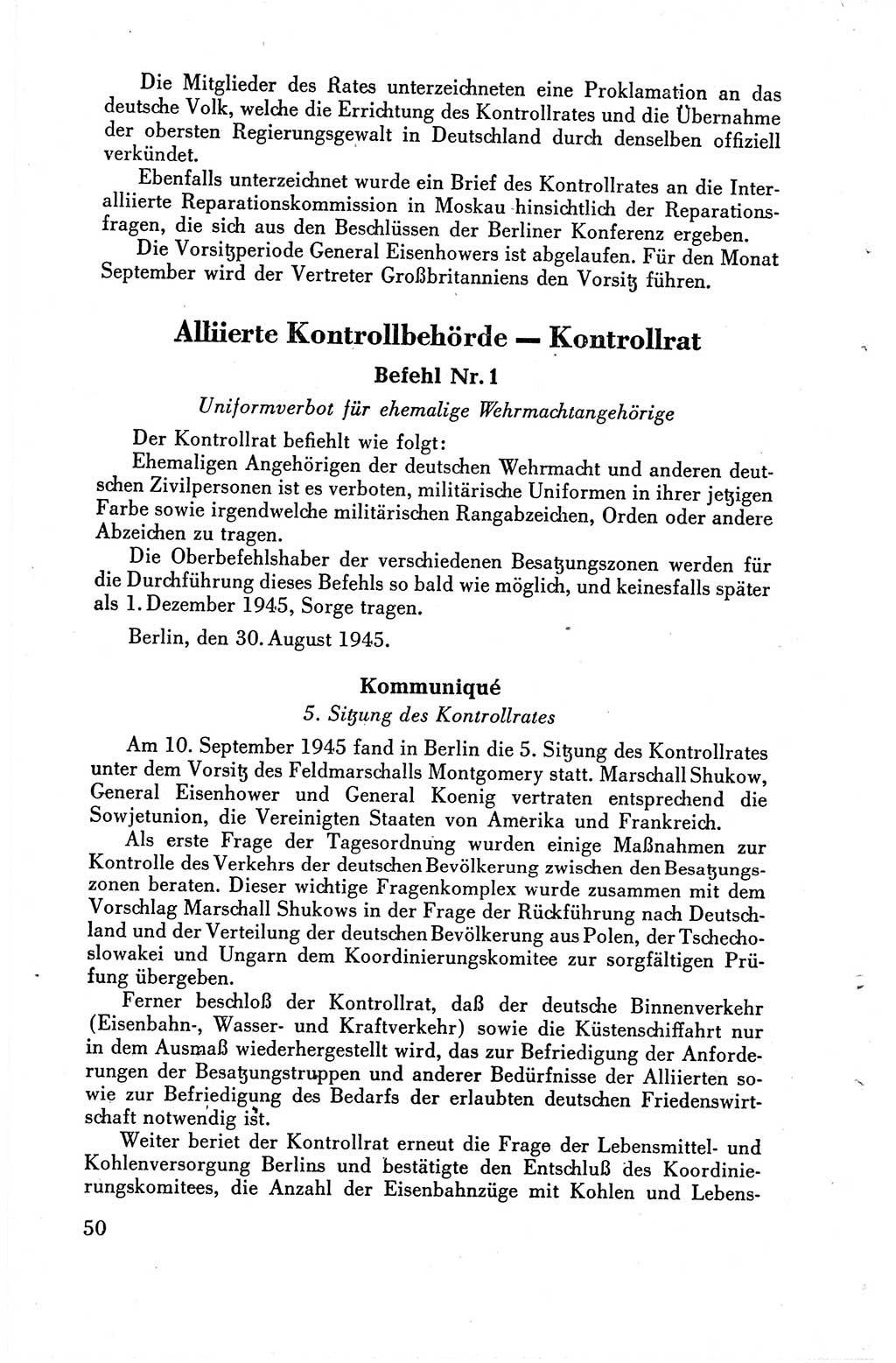 Die Berliner Konferenz der Drei Mächte - Der Alliierte Kontrollrat für Deutschland - Die Alliierte Kommandantur der Stadt Berlin, Kommuniqués, Deklarationen, Proklamationen, Gesetze, Befehle, Sammelheft 1 1945, Seite 50 (AKR Dtl., All. Kdtr. Bln., 1945, S. 50)