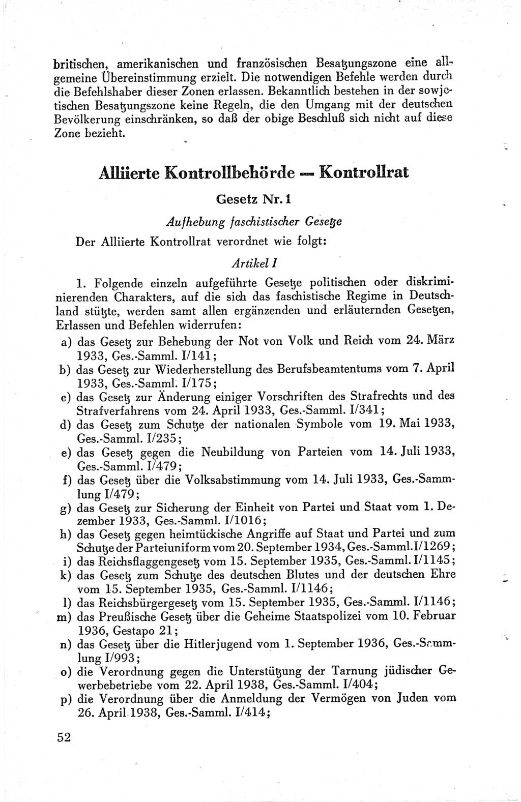 Die Berliner Konferenz der Drei Mächte - Der Alliierte Kontrollrat für Deutschland - Die Alliierte Kommandantur der Stadt Berlin, Kommuniqués, Deklarationen, Proklamationen, Gesetze, Befehle, Sammelheft 1 1945, Seite 52 (AKR Dtl., All. Kdtr. Bln., 1945, S. 52)