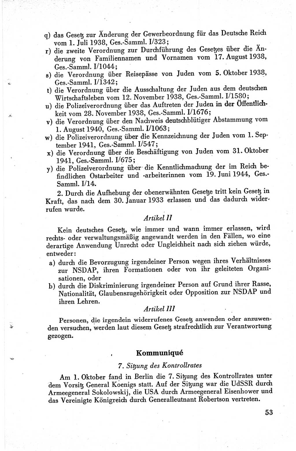 Die Berliner Konferenz der Drei Mächte - Der Alliierte Kontrollrat für Deutschland - Die Alliierte Kommandantur der Stadt Berlin, Kommuniqués, Deklarationen, Proklamationen, Gesetze, Befehle, Sammelheft 1 1945, Seite 53 (AKR Dtl., All. Kdtr. Bln., 1945, S. 53)