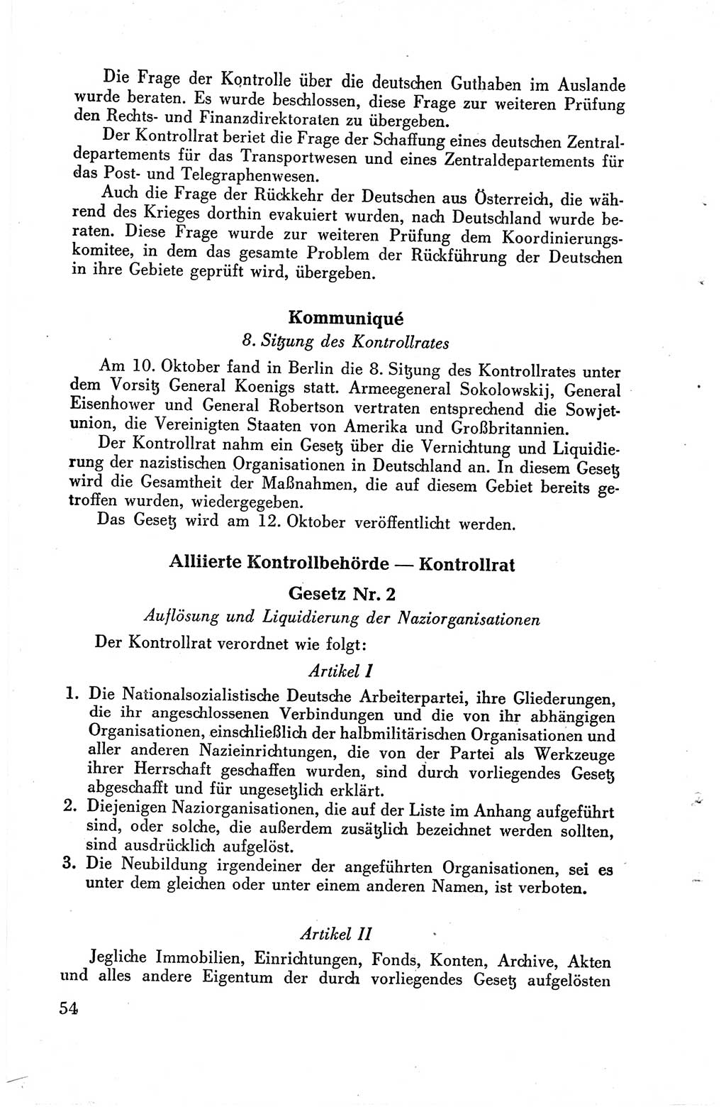 Die Berliner Konferenz der Drei Mächte - Der Alliierte Kontrollrat für Deutschland - Die Alliierte Kommandantur der Stadt Berlin, Kommuniqués, Deklarationen, Proklamationen, Gesetze, Befehle, Sammelheft 1 1945, Seite 54 (AKR Dtl., All. Kdtr. Bln., 1945, S. 54)