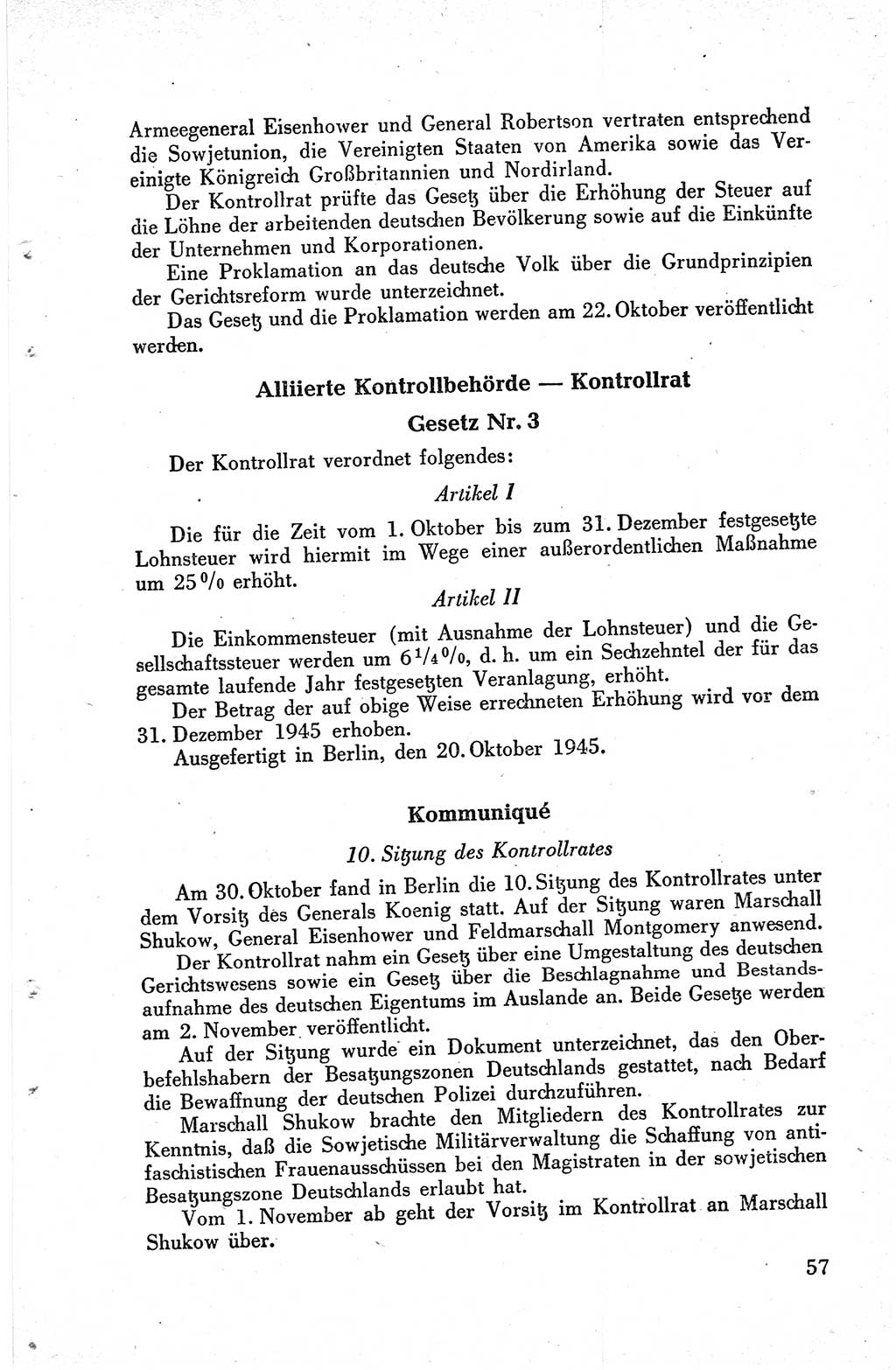 Die Berliner Konferenz der Drei Mächte - Der Alliierte Kontrollrat für Deutschland - Die Alliierte Kommandantur der Stadt Berlin, Kommuniqués, Deklarationen, Proklamationen, Gesetze, Befehle, Sammelheft 1 1945, Seite 57 (AKR Dtl., All. Kdtr. Bln., 1945, S. 57)