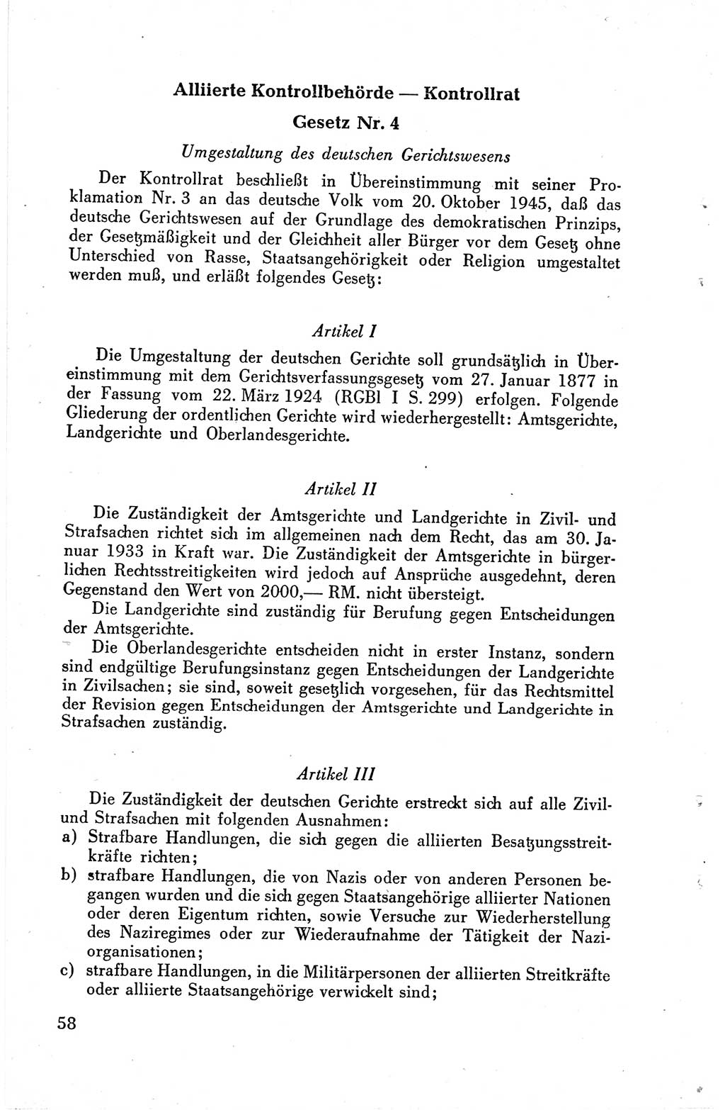 Die Berliner Konferenz der Drei Mächte - Der Alliierte Kontrollrat für Deutschland - Die Alliierte Kommandantur der Stadt Berlin, Kommuniqués, Deklarationen, Proklamationen, Gesetze, Befehle, Sammelheft 1 1945, Seite 58 (AKR Dtl., All. Kdtr. Bln., 1945, S. 58)