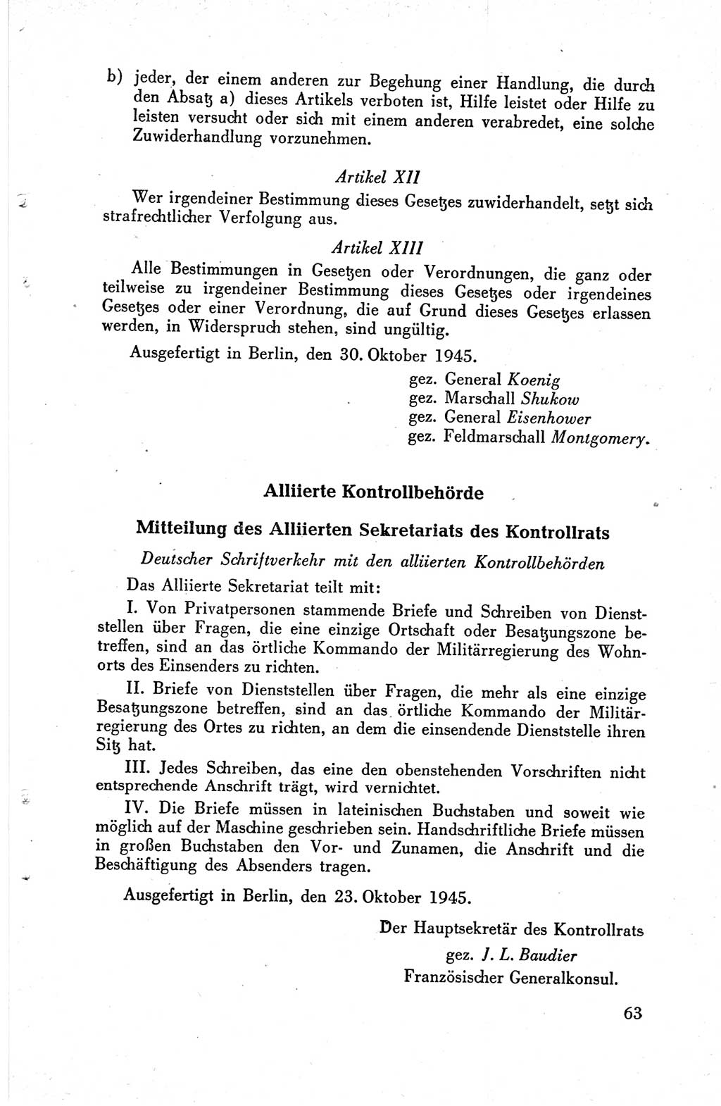 Die Berliner Konferenz der Drei Mächte - Der Alliierte Kontrollrat für Deutschland - Die Alliierte Kommandantur der Stadt Berlin, Kommuniqués, Deklarationen, Proklamationen, Gesetze, Befehle, Sammelheft 1 1945, Seite 63 (AKR Dtl., All. Kdtr. Bln., 1945, S. 63)