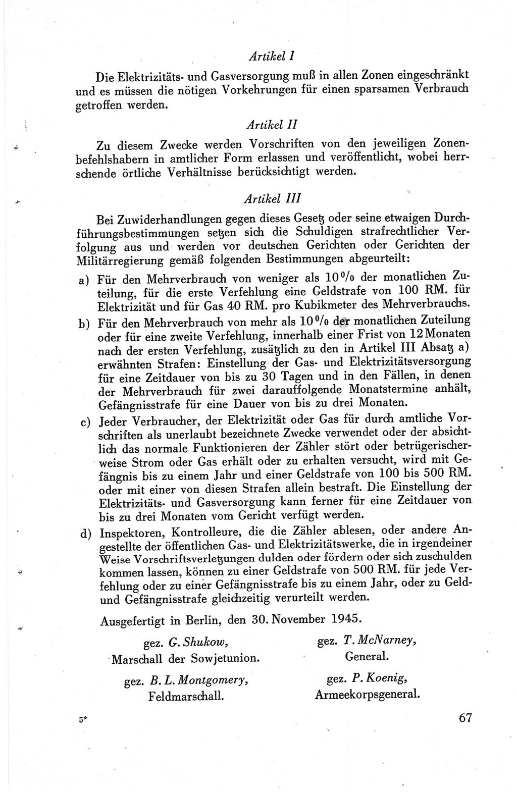 Die Berliner Konferenz der Drei Mächte - Der Alliierte Kontrollrat für Deutschland - Die Alliierte Kommandantur der Stadt Berlin, Kommuniqués, Deklarationen, Proklamationen, Gesetze, Befehle, Sammelheft 1 1945, Seite 67 (AKR Dtl., All. Kdtr. Bln., 1945, S. 67)