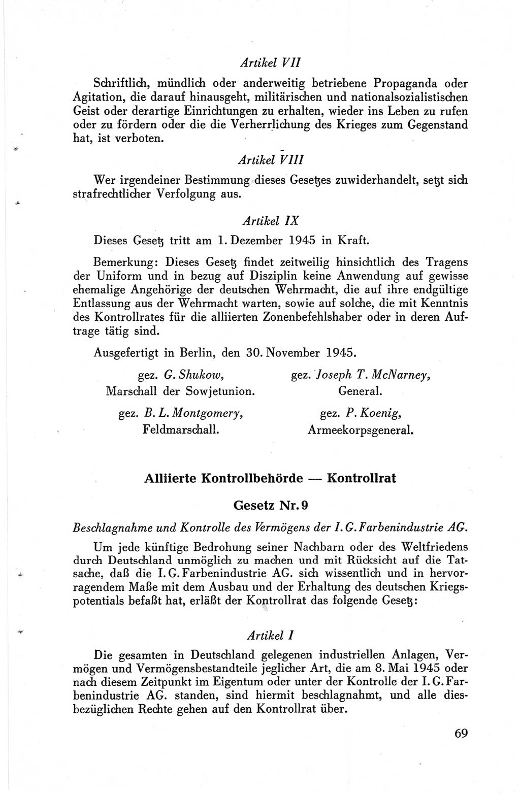 Die Berliner Konferenz der Drei Mächte - Der Alliierte Kontrollrat für Deutschland - Die Alliierte Kommandantur der Stadt Berlin, Kommuniqués, Deklarationen, Proklamationen, Gesetze, Befehle, Sammelheft 1 1945, Seite 69 (AKR Dtl., All. Kdtr. Bln., 1945, S. 69)