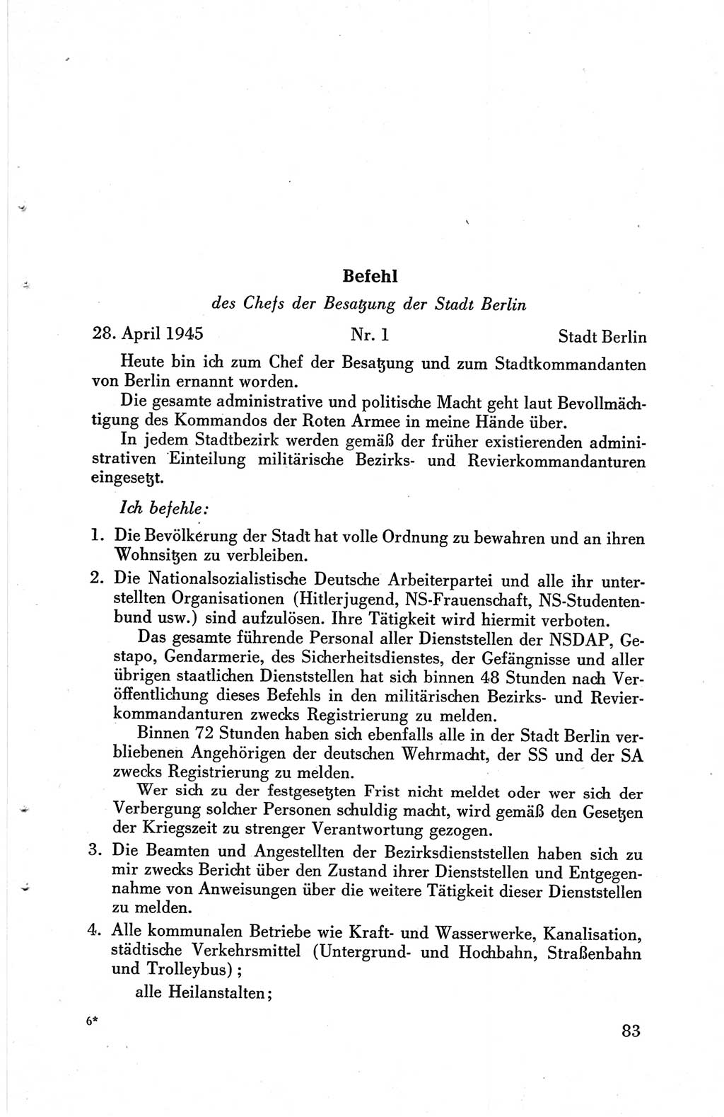 Die Berliner Konferenz der Drei Mächte - Der Alliierte Kontrollrat für Deutschland - Die Alliierte Kommandantur der Stadt Berlin, Kommuniqués, Deklarationen, Proklamationen, Gesetze, Befehle, Sammelheft 1 1945, Seite 83 (AKR Dtl., All. Kdtr. Bln., 1945, S. 83)