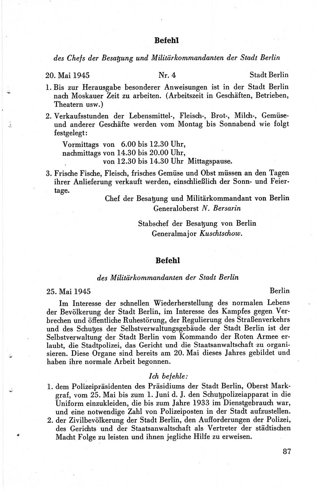 Die Berliner Konferenz der Drei Mächte - Der Alliierte Kontrollrat für Deutschland - Die Alliierte Kommandantur der Stadt Berlin, Kommuniqués, Deklarationen, Proklamationen, Gesetze, Befehle, Sammelheft 1 1945, Seite 87 (AKR Dtl., All. Kdtr. Bln., 1945, S. 87)