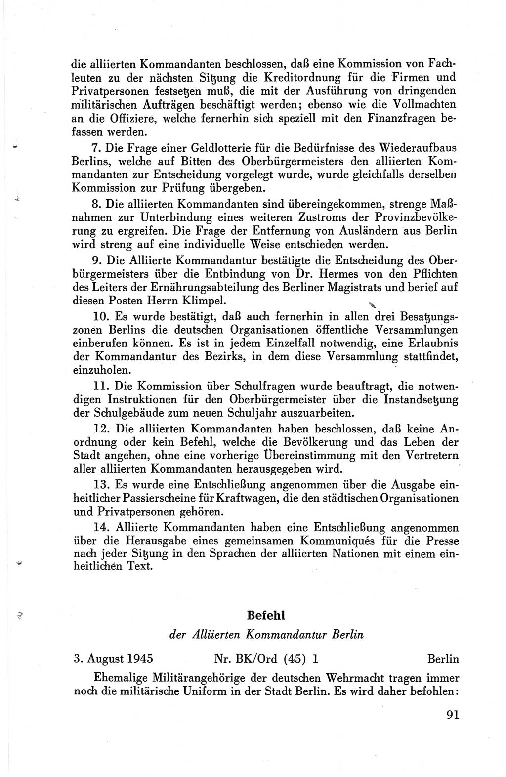 Die Berliner Konferenz der Drei Mächte - Der Alliierte Kontrollrat für Deutschland - Die Alliierte Kommandantur der Stadt Berlin, Kommuniqués, Deklarationen, Proklamationen, Gesetze, Befehle, Sammelheft 1 1945, Seite 91 (AKR Dtl., All. Kdtr. Bln., 1945, S. 91)