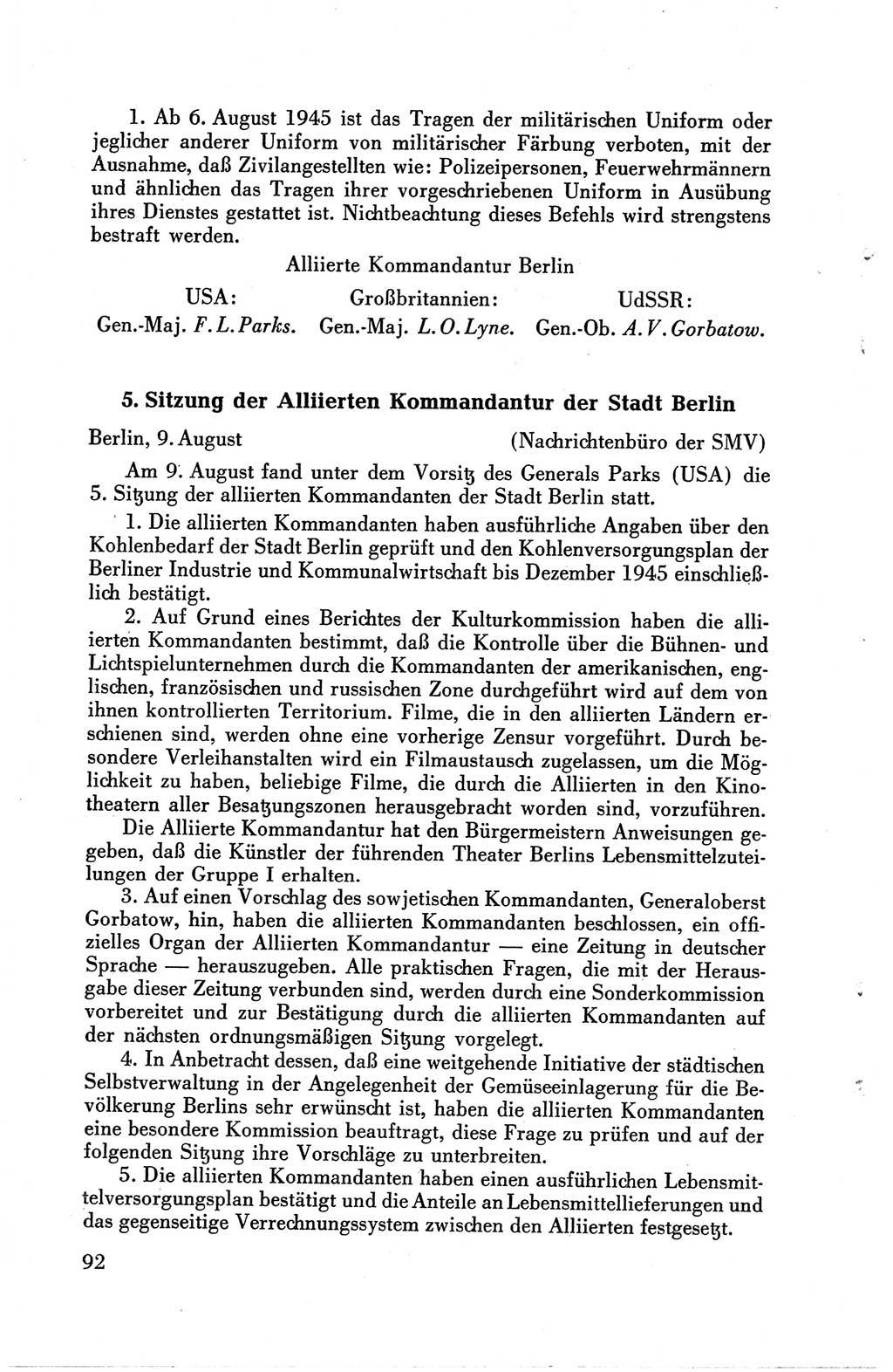 Die Berliner Konferenz der Drei Mächte - Der Alliierte Kontrollrat für Deutschland - Die Alliierte Kommandantur der Stadt Berlin, Kommuniqués, Deklarationen, Proklamationen, Gesetze, Befehle, Sammelheft 1 1945, Seite 92 (AKR Dtl., All. Kdtr. Bln., 1945, S. 92)