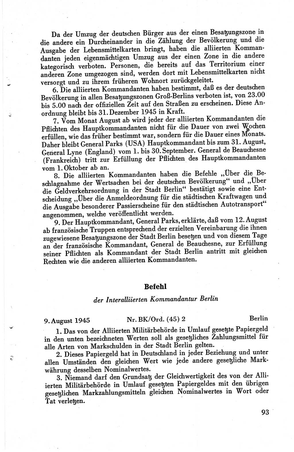 Die Berliner Konferenz der Drei Mächte - Der Alliierte Kontrollrat für Deutschland - Die Alliierte Kommandantur der Stadt Berlin, Kommuniqués, Deklarationen, Proklamationen, Gesetze, Befehle, Sammelheft 1 1945, Seite 93 (AKR Dtl., All. Kdtr. Bln., 1945, S. 93)