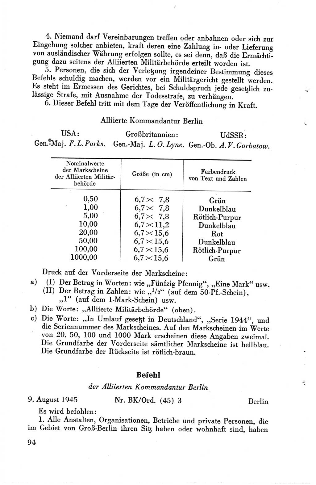 Die Berliner Konferenz der Drei Mächte - Der Alliierte Kontrollrat für Deutschland - Die Alliierte Kommandantur der Stadt Berlin, Kommuniqués, Deklarationen, Proklamationen, Gesetze, Befehle, Sammelheft 1 1945, Seite 94 (AKR Dtl., All. Kdtr. Bln., 1945, S. 94)