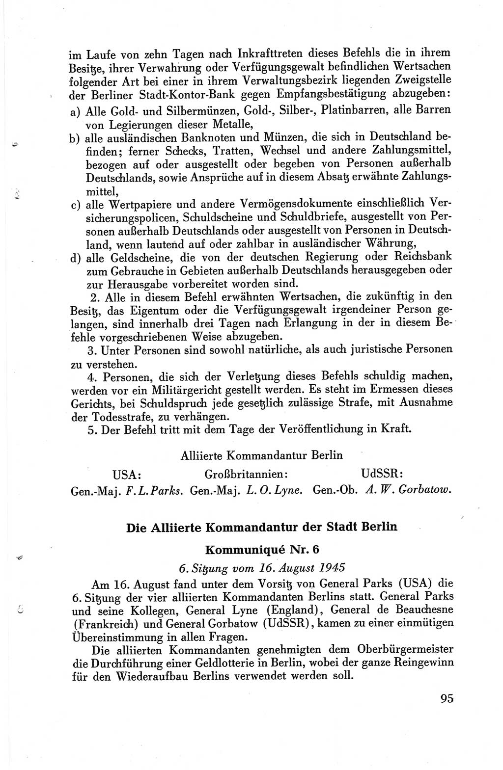 Die Berliner Konferenz der Drei Mächte - Der Alliierte Kontrollrat für Deutschland - Die Alliierte Kommandantur der Stadt Berlin, Kommuniqués, Deklarationen, Proklamationen, Gesetze, Befehle, Sammelheft 1 1945, Seite 95 (AKR Dtl., All. Kdtr. Bln., 1945, S. 95)