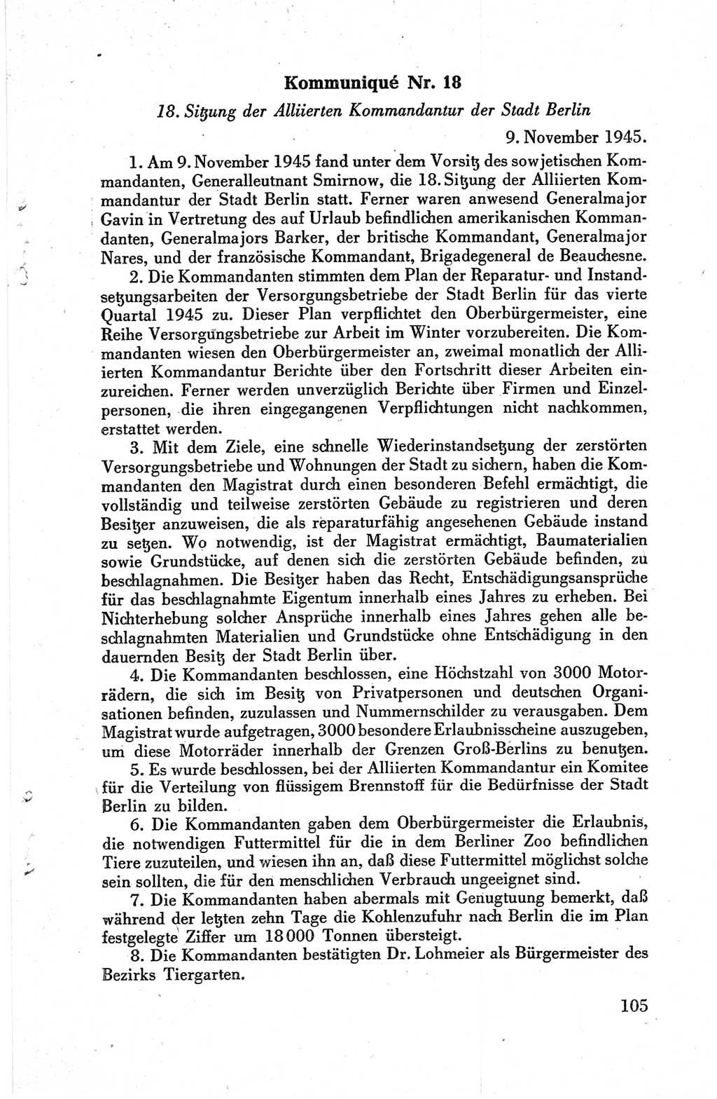 Die Berliner Konferenz der Drei Mächte - Der Alliierte Kontrollrat für Deutschland - Die Alliierte Kommandantur der Stadt Berlin, Kommuniqués, Deklarationen, Proklamationen, Gesetze, Befehle, Sammelheft 1 1945, Seite 105 (AKR Dtl., All. Kdtr. Bln., 1945, S. 105)