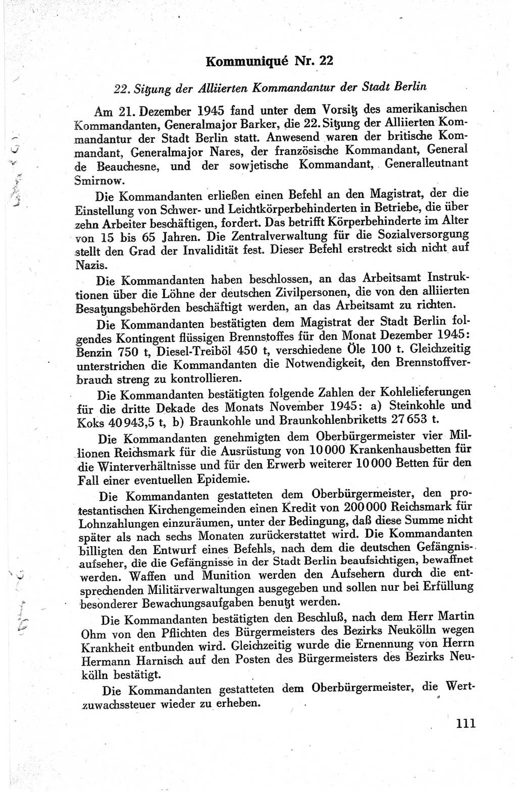 Die Berliner Konferenz der Drei Mächte - Der Alliierte Kontrollrat für Deutschland - Die Alliierte Kommandantur der Stadt Berlin, Kommuniqués, Deklarationen, Proklamationen, Gesetze, Befehle, Sammelheft 1 1945, Seite 111 (AKR Dtl., All. Kdtr. Bln., 1945, S. 111)