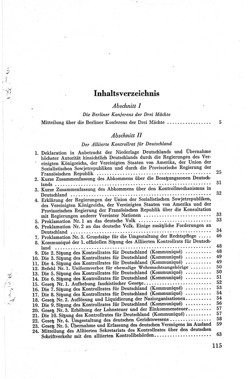 Die Berliner Konferenz der Drei Mächte - Der Alliierte Kontrollrat für Deutschland - Die Alliierte Kommandantur der Stadt Berlin, Kommuniqués, Deklarationen, Proklamationen, Gesetze, Befehle, Sammelheft 1 1945, Seite 115 (AKR Dtl., All. Kdtr. Bln., 1945, S. 115)
