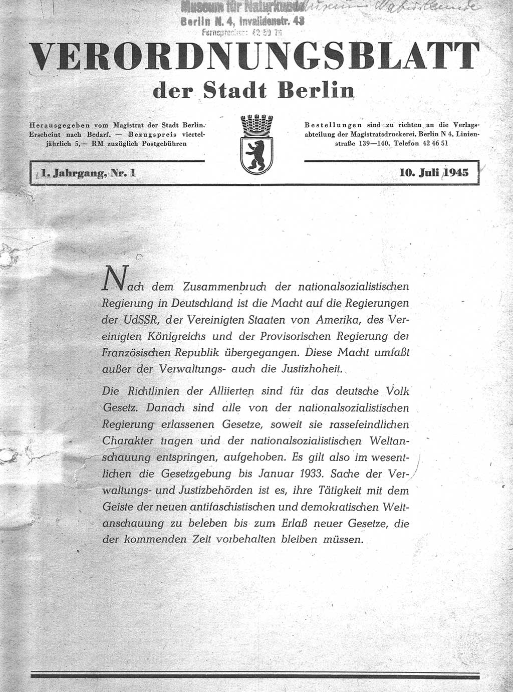 Verordnungsblatt (VOBl.) der Stadt Berlin 1945, Seite 1 (VOBl. Bln. 1945, S. 1)