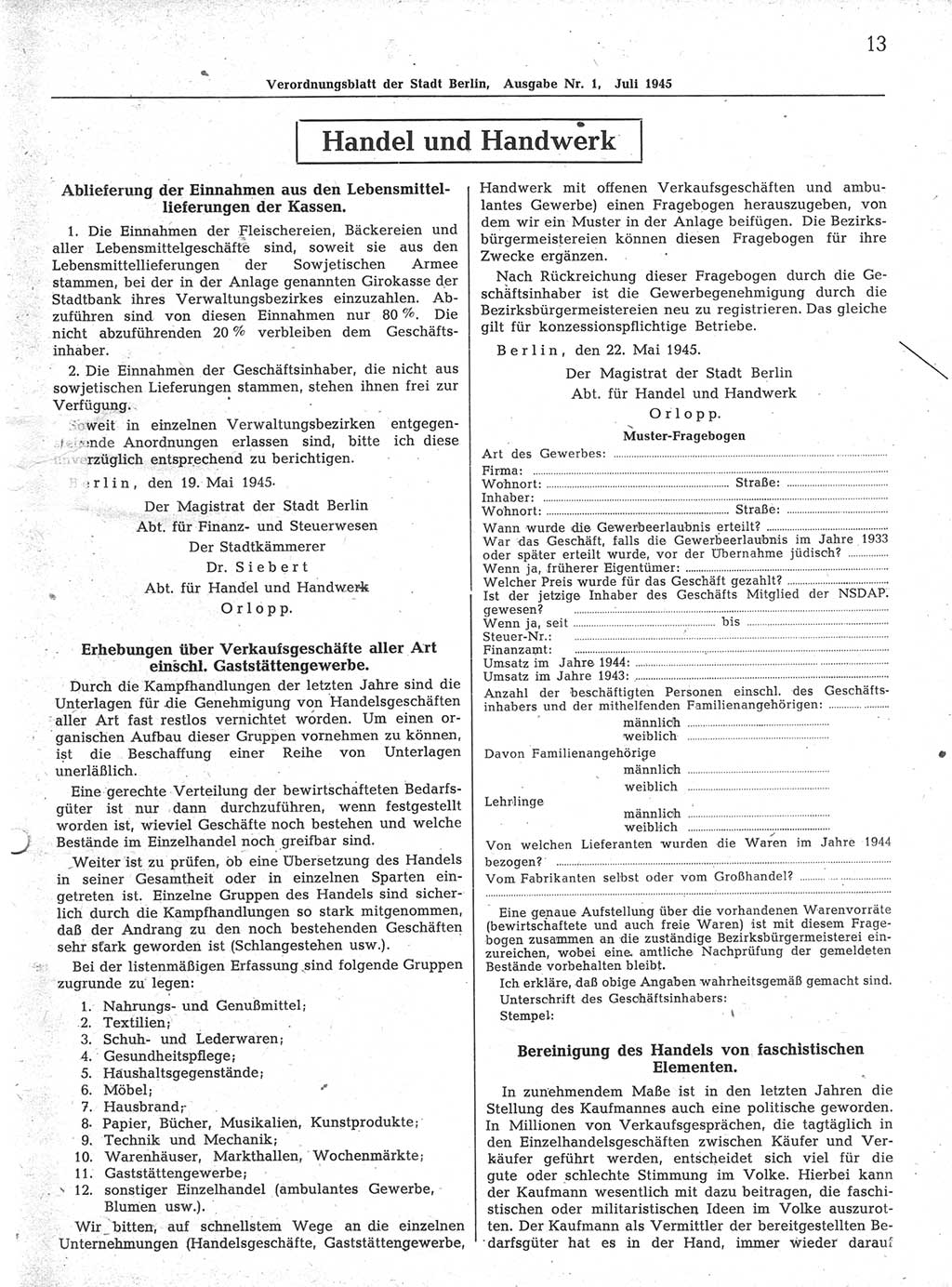 Verordnungsblatt (VOBl.) der Stadt Berlin 1945, Seite 13 (VOBl. Bln. 1945, S. 13)