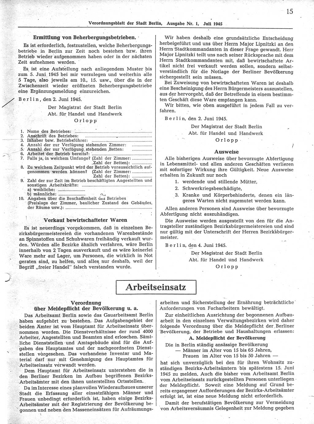 Verordnungsblatt (VOBl.) der Stadt Berlin 1945, Seite 15 (VOBl. Bln. 1945, S. 15)