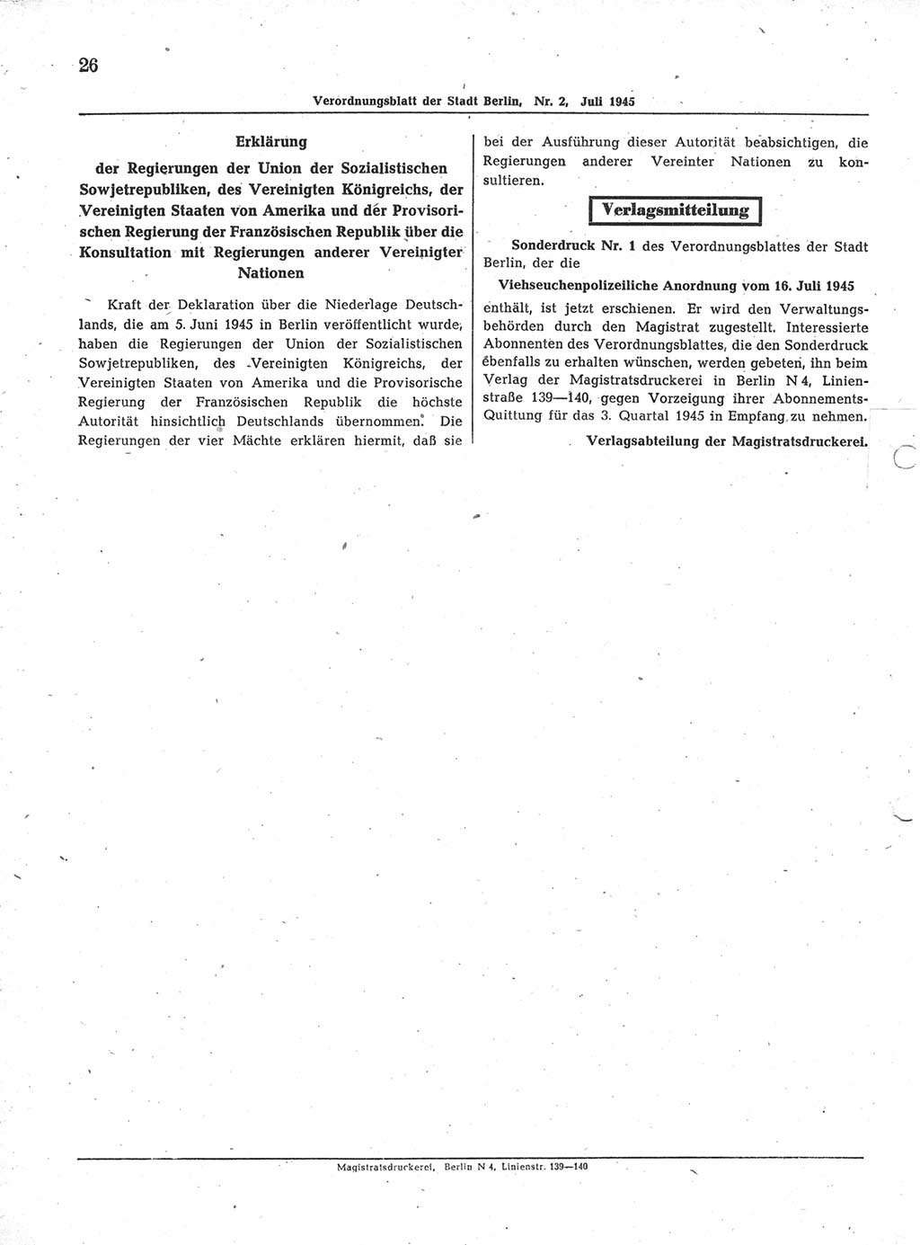 Verordnungsblatt (VOBl.) der Stadt Berlin 1945, Seite 26 (VOBl. Bln. 1945, S. 26)