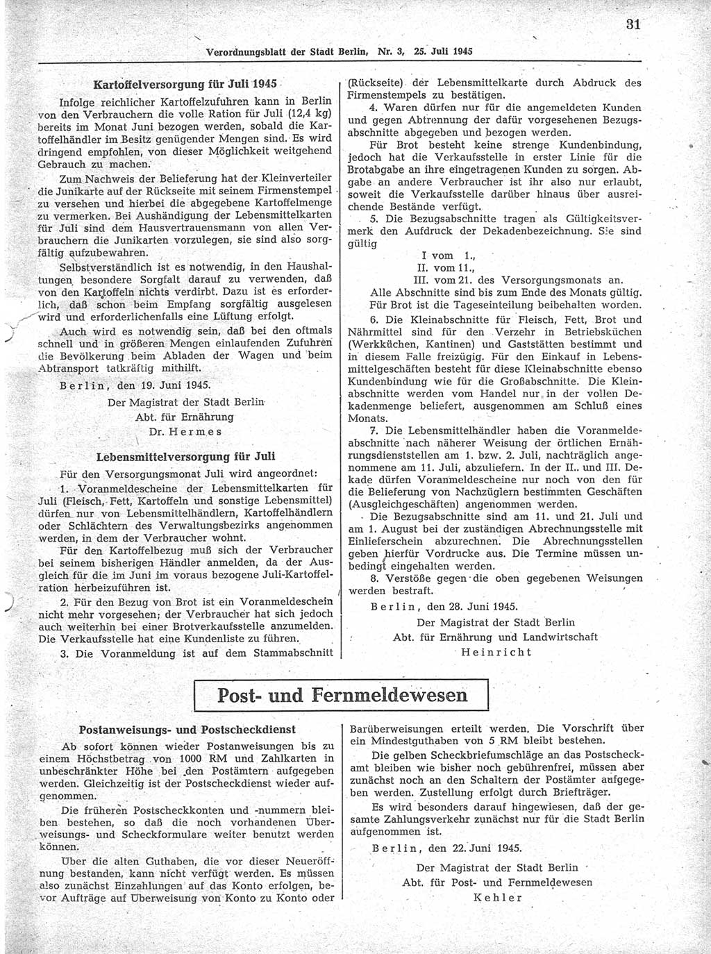 Verordnungsblatt (VOBl.) der Stadt Berlin 1945, Seite 31 (VOBl. Bln. 1945, S. 31)