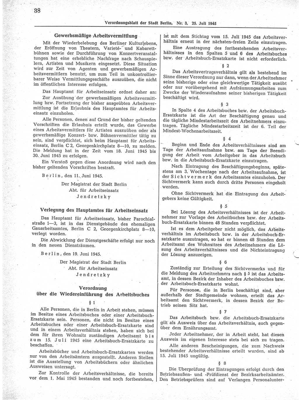 Verordnungsblatt (VOBl.) der Stadt Berlin 1945, Seite 38 (VOBl. Bln. 1945, S. 38)