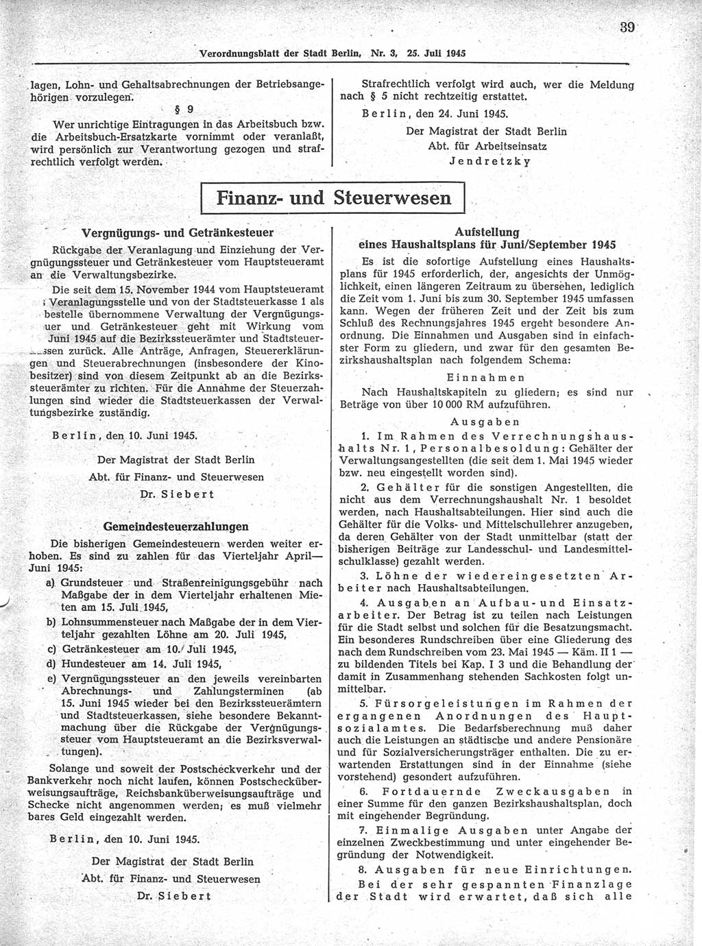 Verordnungsblatt (VOBl.) der Stadt Berlin 1945, Seite 39 (VOBl. Bln. 1945, S. 39)