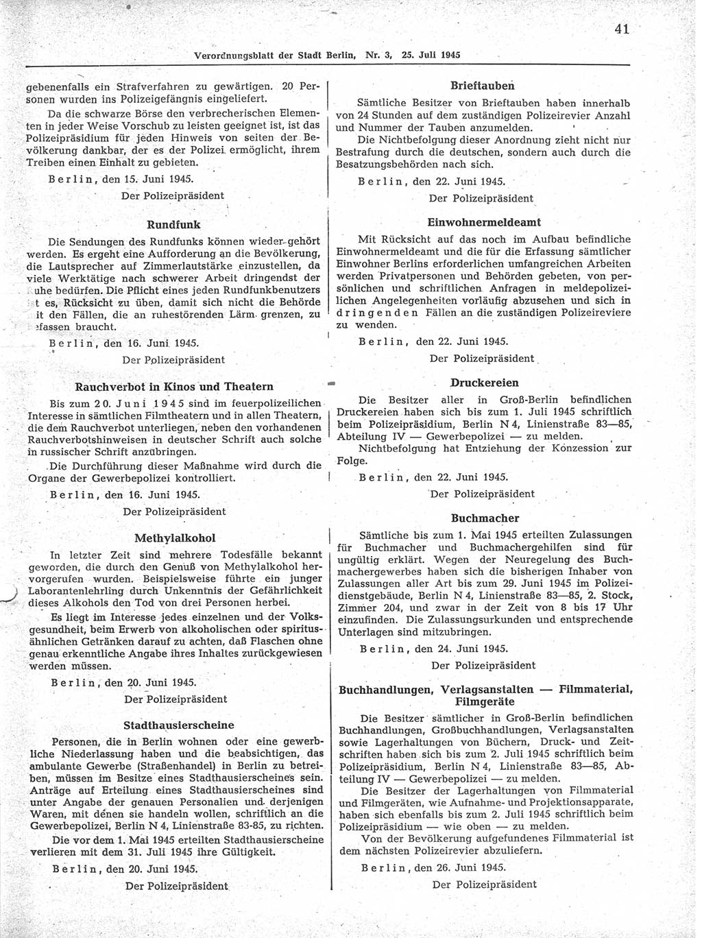 Verordnungsblatt (VOBl.) der Stadt Berlin 1945, Seite 41 (VOBl. Bln. 1945, S. 41)