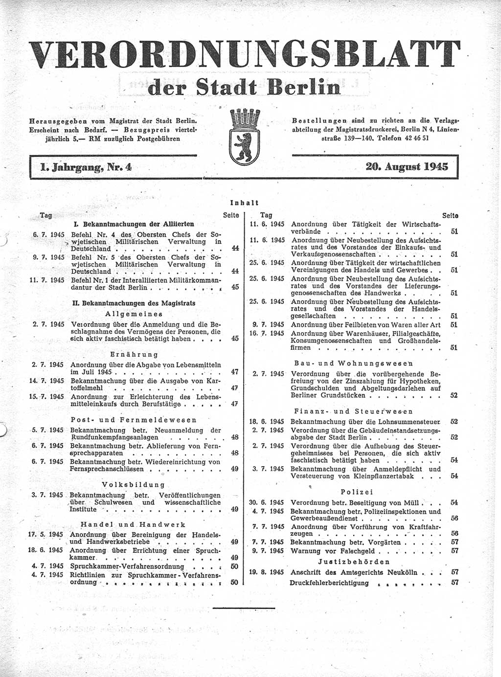 Verordnungsblatt (VOBl.) der Stadt Berlin 1945, Seite 43 (VOBl. Bln. 1945, S. 43)