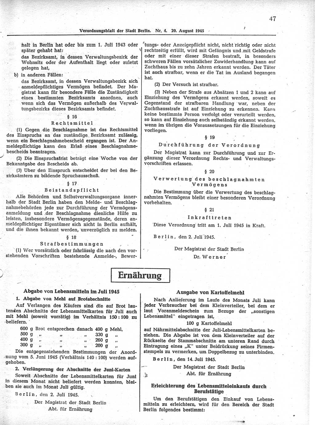 Verordnungsblatt (VOBl.) der Stadt Berlin 1945, Seite 47 (VOBl. Bln. 1945, S. 47)