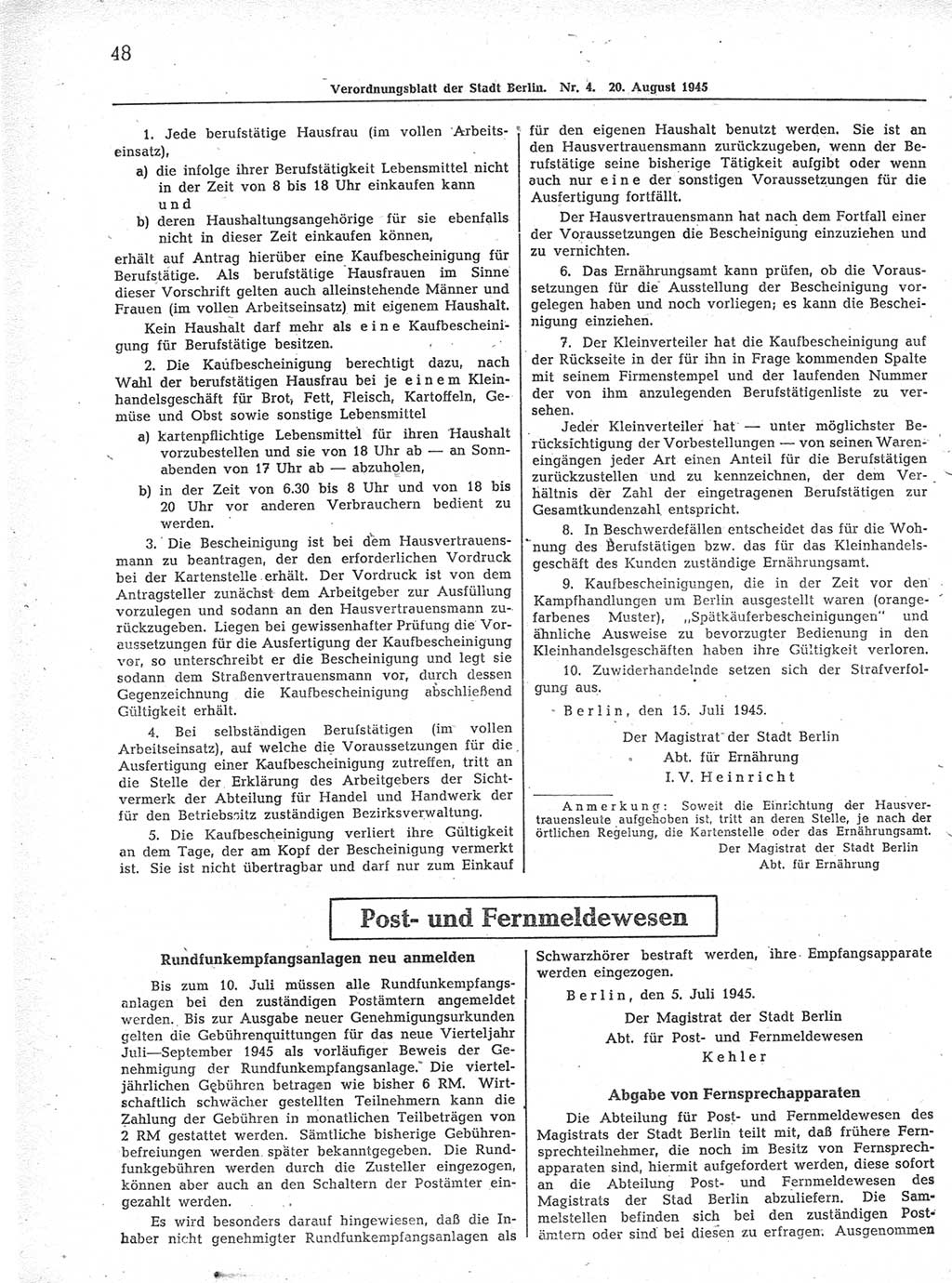 Verordnungsblatt (VOBl.) der Stadt Berlin 1945, Seite 48 (VOBl. Bln. 1945, S. 48)