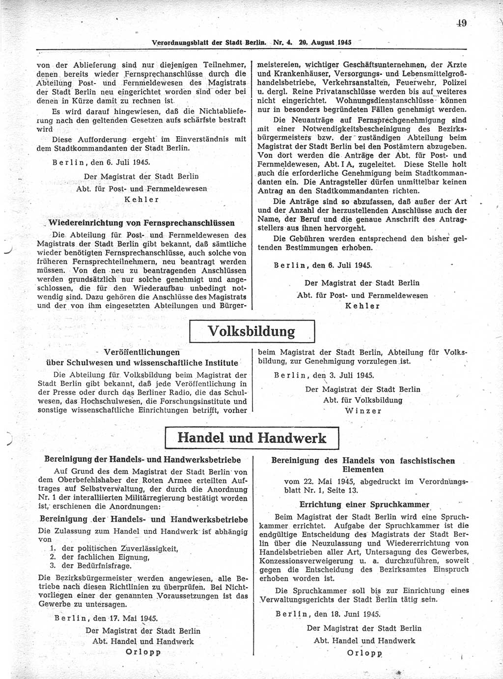 Verordnungsblatt (VOBl.) der Stadt Berlin 1945, Seite 49 (VOBl. Bln. 1945, S. 49)