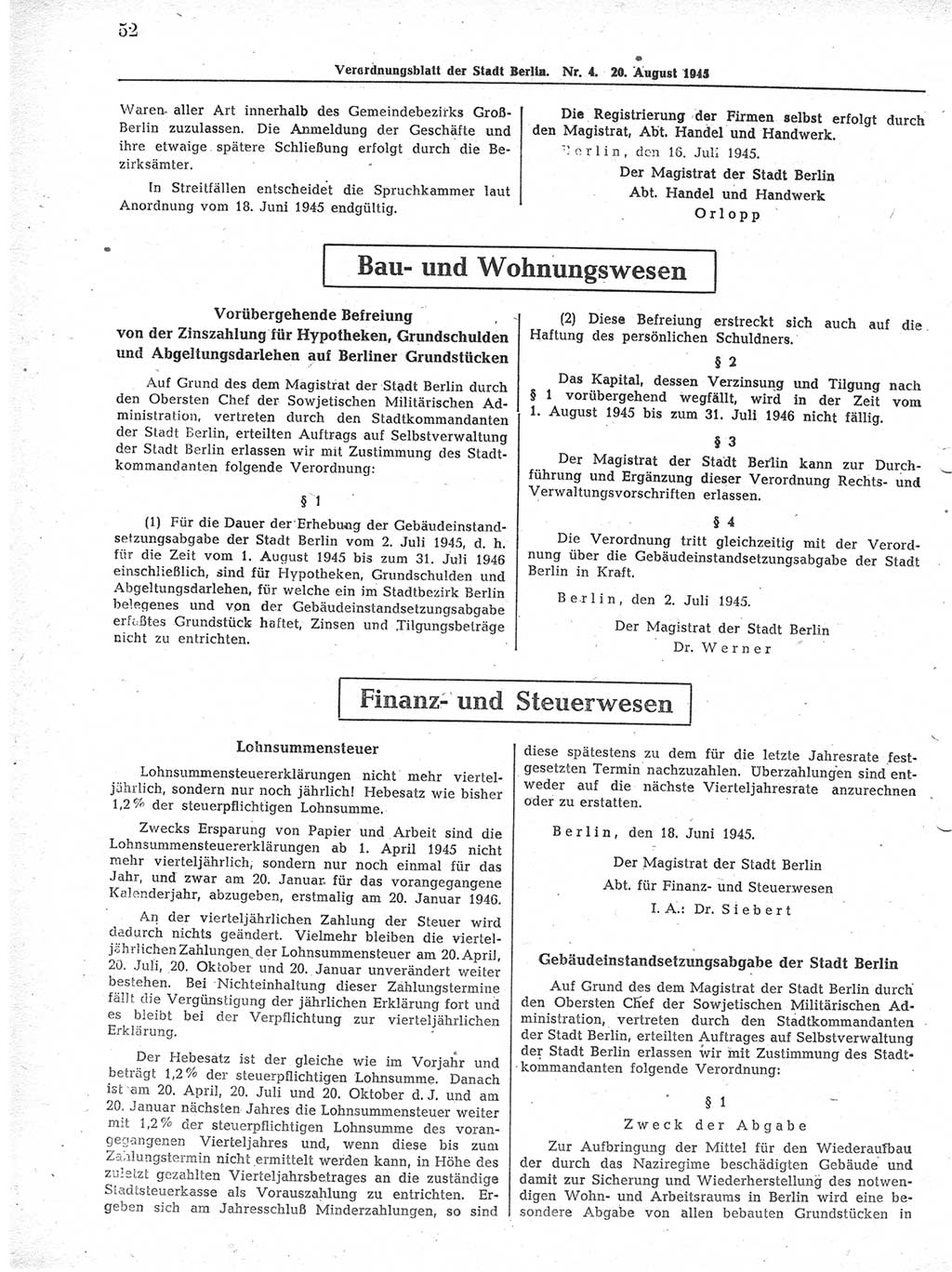 Verordnungsblatt (VOBl.) der Stadt Berlin 1945, Seite 52 (VOBl. Bln. 1945, S. 52)