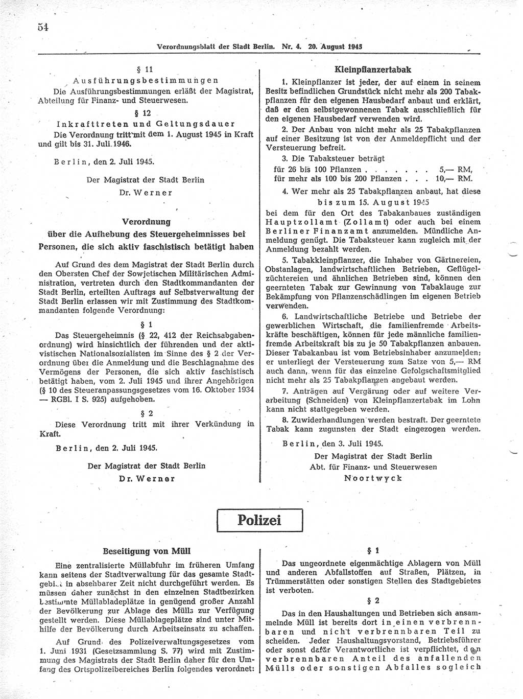 Verordnungsblatt (VOBl.) der Stadt Berlin 1945, Seite 54 (VOBl. Bln. 1945, S. 54)