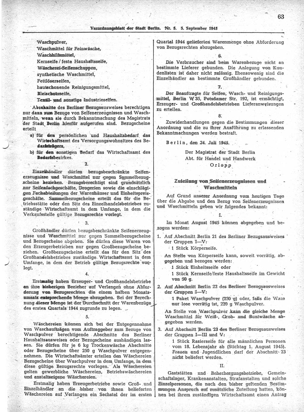 Verordnungsblatt (VOBl.) der Stadt Berlin 1945, Seite 63 (VOBl. Bln. 1945, S. 63)