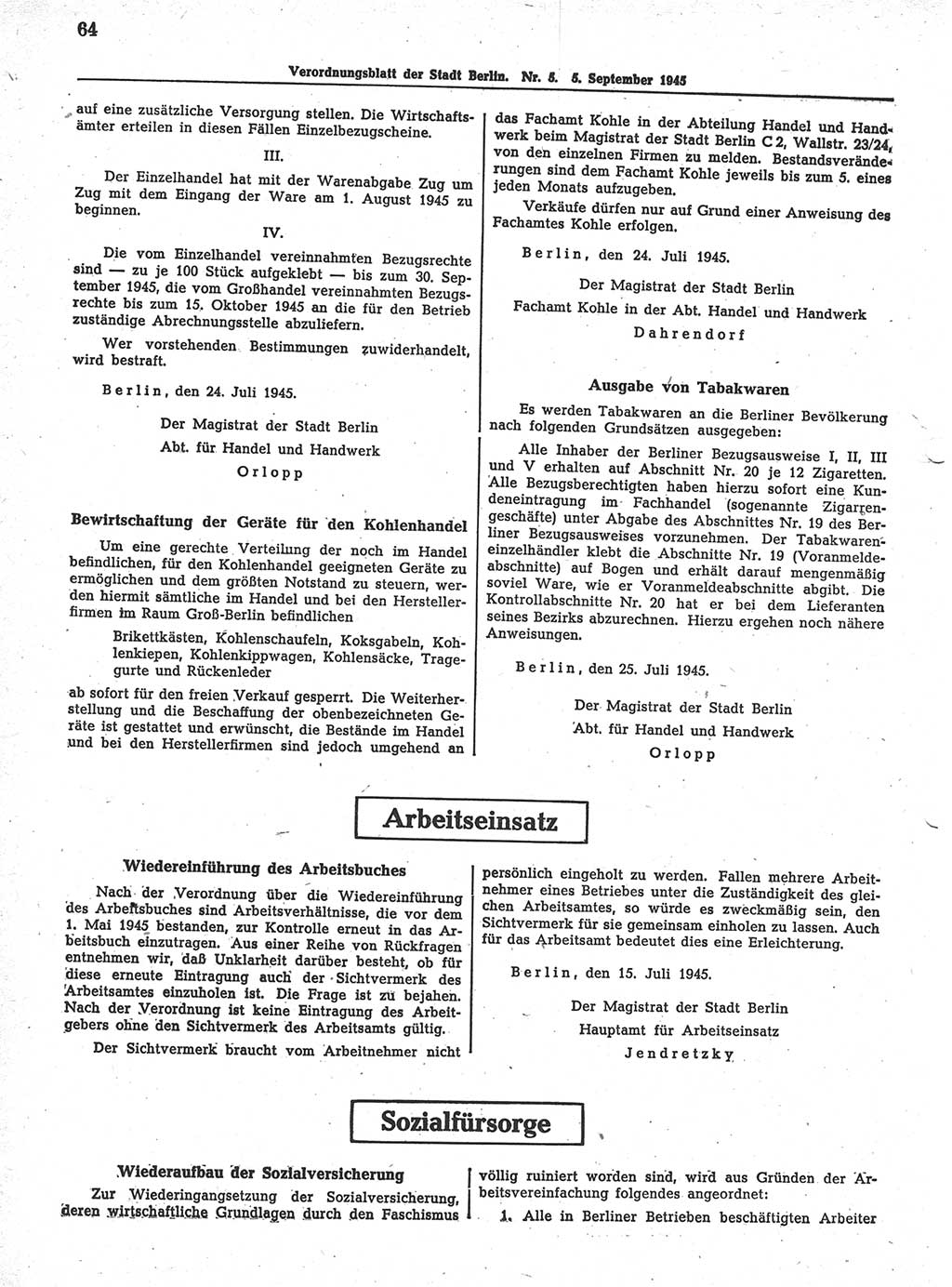 Verordnungsblatt (VOBl.) der Stadt Berlin 1945, Seite 64 (VOBl. Bln. 1945, S. 64)