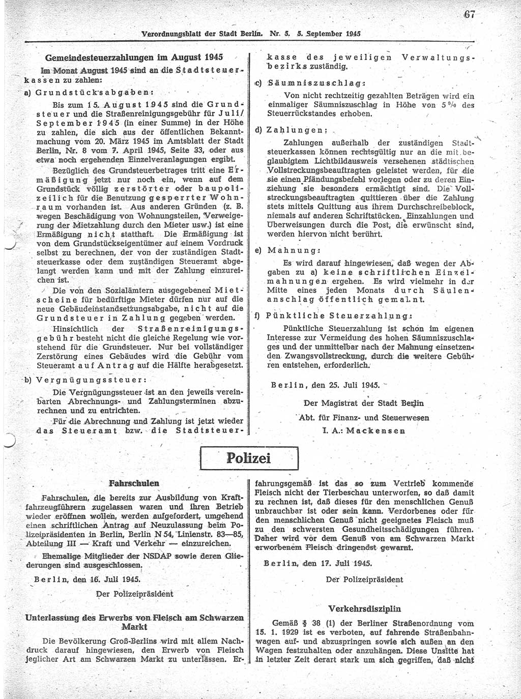 Verordnungsblatt (VOBl.) der Stadt Berlin 1945, Seite 67 (VOBl. Bln. 1945, S. 67)