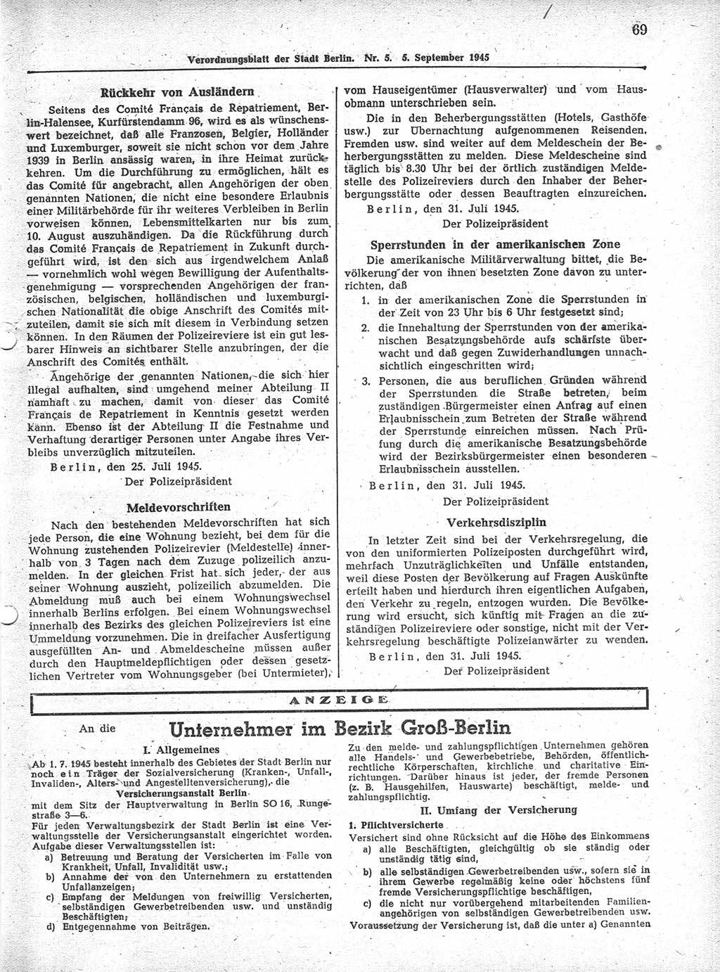 Verordnungsblatt (VOBl.) der Stadt Berlin 1945, Seite 69 (VOBl. Bln. 1945, S. 69)